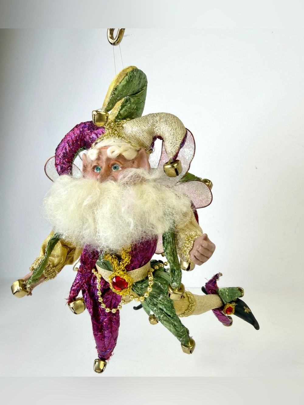 Vintage Mark Roberts Jester Fairy Elf Ornament 10” Purple Green Gold Poseable